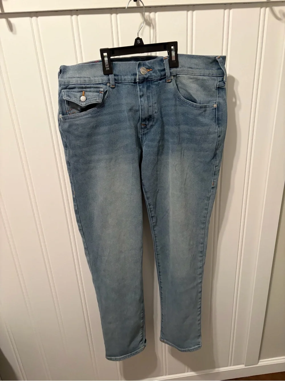 True Religion Geno Relaxed Slim Jeans Light Wash Flap Pocket SZ 34X31
